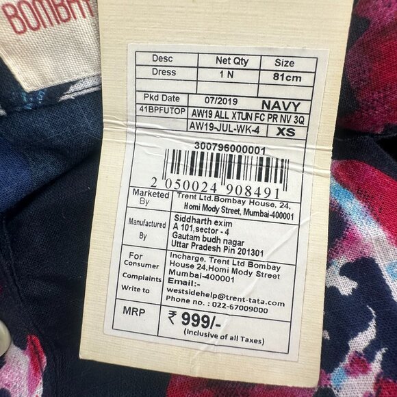 NEW! Bombay Paisley Babydoll Dress Womens XS Floral Navy‎ Blue Fusia 100% Cotton - Picture 5 of 16